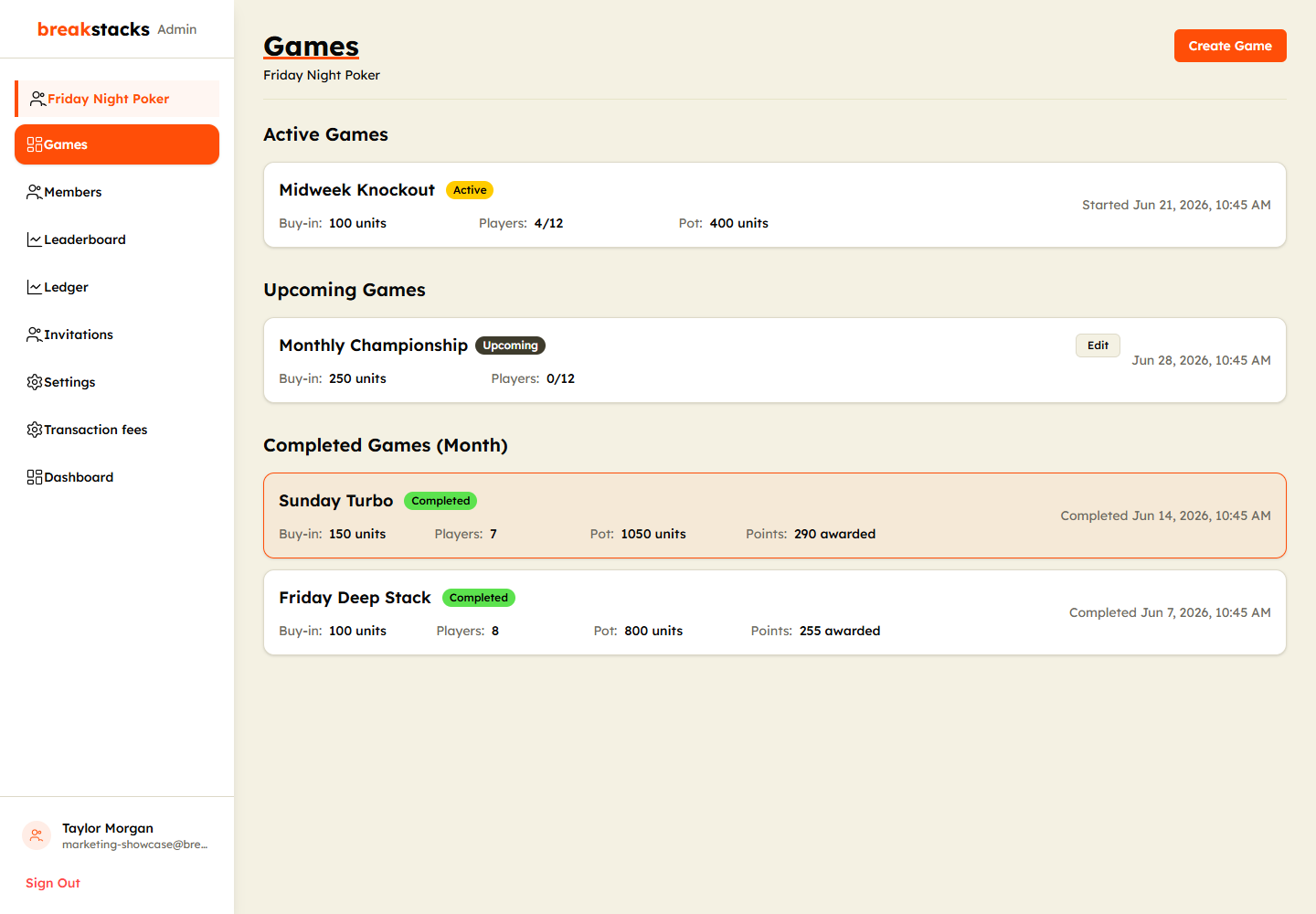 BreakStacks Games screen — Run every game night